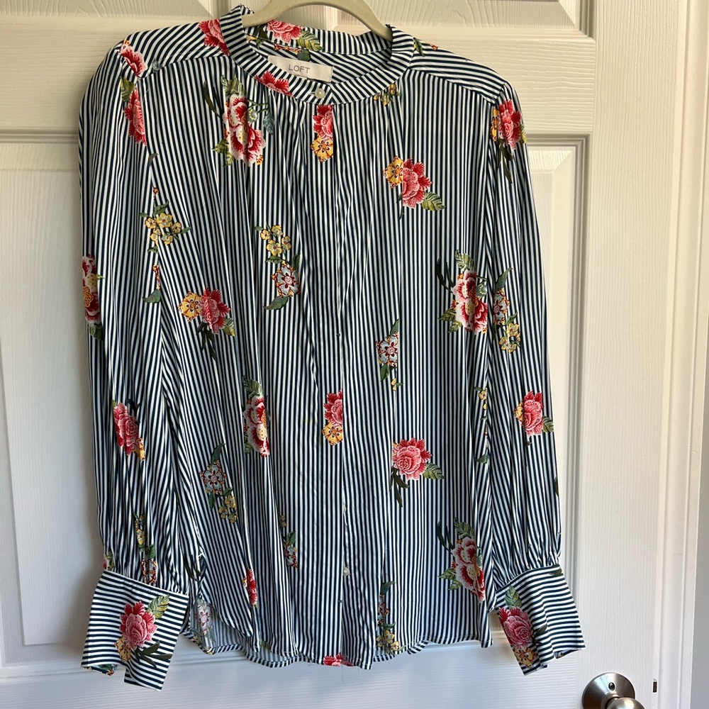 LOFT blue and white stripe blouse with floral details.